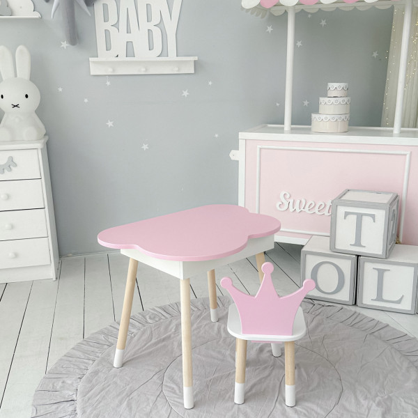 Столик хмаринка з відкидною нішею 54х68х50 і стільчик корона 26.5х26х25, стіл та стілець в дитячу, рожевий з білим