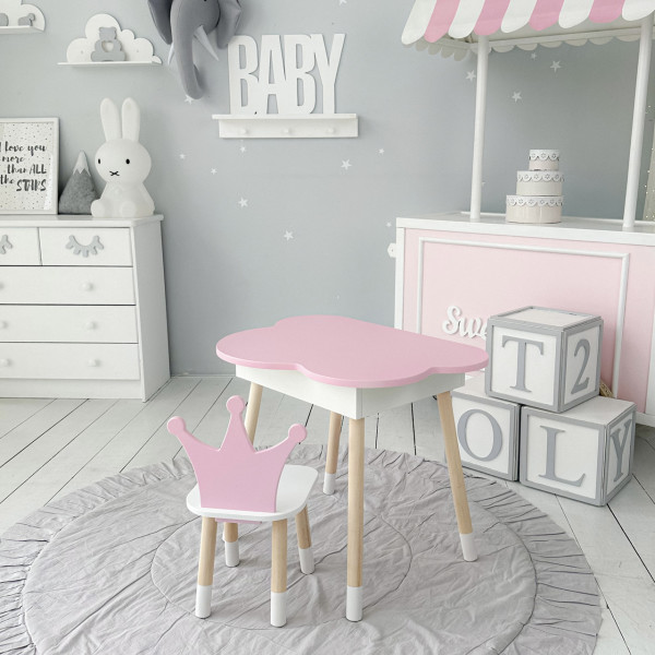 Столик хмаринка з відкидною нішею 54х68х50 і стільчик корона 26.5х26х25, стіл та стілець в дитячу, рожевий з білим