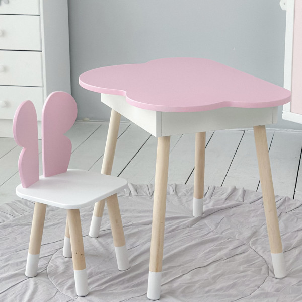 Столик хмаринка з нішею 54х68х50 і стільчик спинка в формі метелика 26.5х26х25, стіл та стілець в дитячу, рожевий з білим