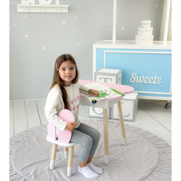 Столик хмаринка з нішею 54х68х50 і стільчик спинка в формі метелика 26.5х26х25, стіл та стілець в дитячу, рожевий з білим