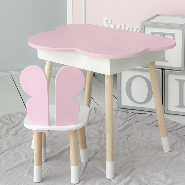 Столик хмаринка з нішею 54х68х50 і стільчик спинка в формі метелика 26.5х26х25, стіл та стілець в дитячу, рожевий з білим