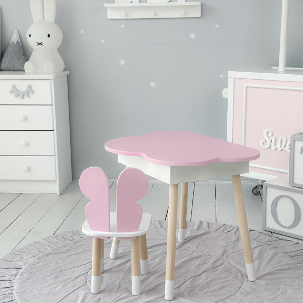 Столик хмаринка з нішею 54х68х50 і стільчик спинка в формі метелика 26.5х26х25, стіл та стілець в дитячу, рожевий з білим