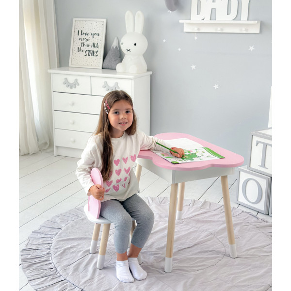 Столик хмаринка з нішею 54х68х50 і стільчик спинка в формі метелика 26.5х26х25, стіл та стілець в дитячу, рожевий з білим