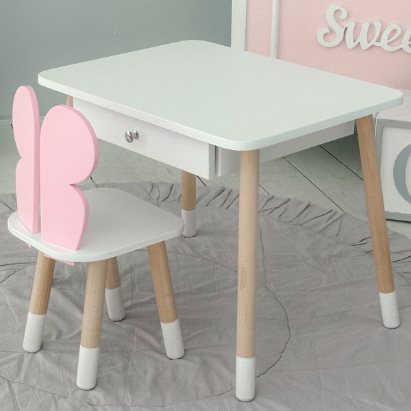 Стіл прямокутний з шухлядою 46х60х45 і стілець метелик 26.5х26х25, столик та стільчик для дівчачої кімнати, рожевий з білим