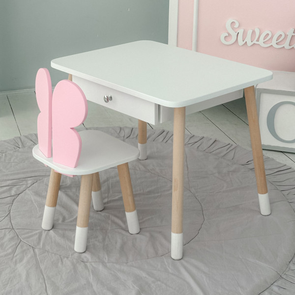 Стіл прямокутний з шухлядою 46х60х45 і стілець метелик 26.5х26х25, столик та стільчик для дівчачої кімнати, рожевий з білим