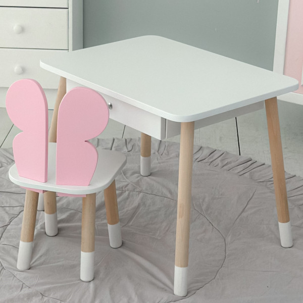 Стіл прямокутний з шухлядою 46х60х45 і стілець метелик 26.5х26х25, столик та стільчик для дівчачої кімнати, рожевий з білим