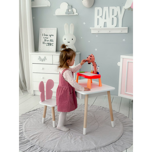 Стіл прямокутний з шухлядою 46х60х45 і стілець метелик 26.5х26х25, столик та стільчик для дівчачої кімнати, рожевий з білим