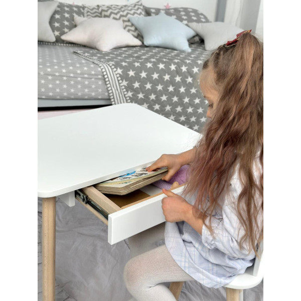 Стіл прямокутний з шухлядою 46х60х45 і стілець метелик 26.5х26х25, столик та стільчик для дівчачої кімнати, рожевий з білим