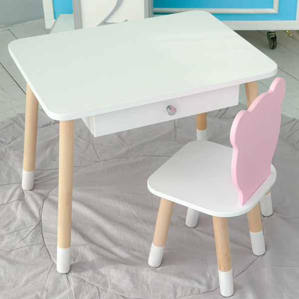 Стіл прямокутний з шухлядою 46х60х45 і стілець мордочка медвежа 26.5х26х25, комплект для дитячої кімнати, білий з рожевим