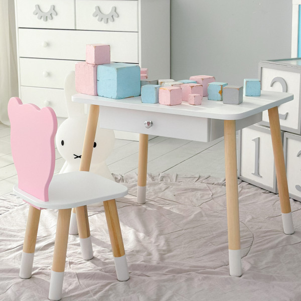 Стіл прямокутний з шухлядою 46х60х45 і стілець мордочка медвежа 26.5х26х25, комплект для дитячої кімнати, білий з рожевим