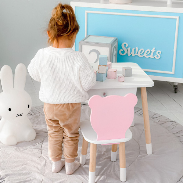 Стіл прямокутний з шухлядою 46х60х45 і стілець мордочка медвежа 26.5х26х25, комплект для дитячої кімнати, білий з рожевим