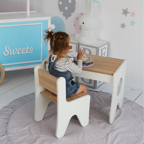 Столик та стільчик для дитини 70×45×51, дитячий гральний стіл та стілець, білий з деревом