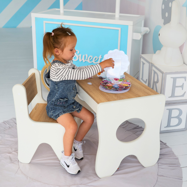 Столик та стільчик для дитини 70×45×51, дитячий гральний стіл та стілець, білий з деревом