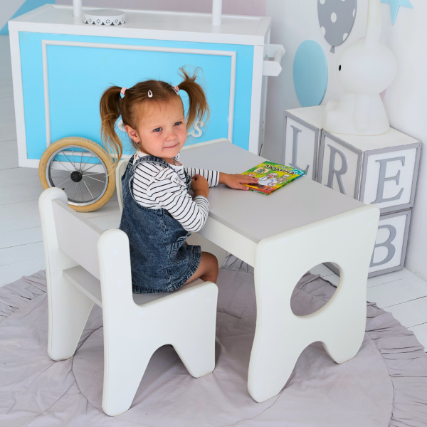 Столик та стільчик для дитини 70×45×51, дитячий гральний стіл та стілець, білий з сірим