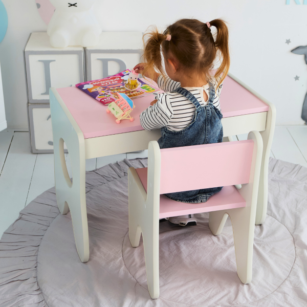 Столик та стільчик для дитини 70×45×51, дитячий гральний стіл та стілець, білий з рожевим