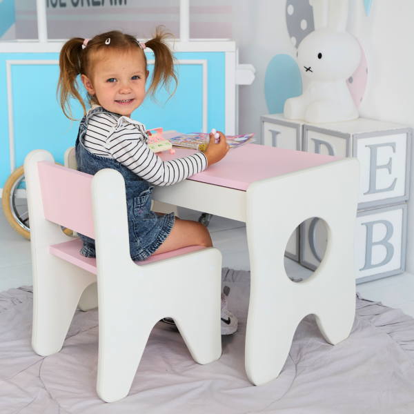 Столик та стільчик для дитини 70×45×51, дитячий гральний стіл та стілець, білий з рожевим