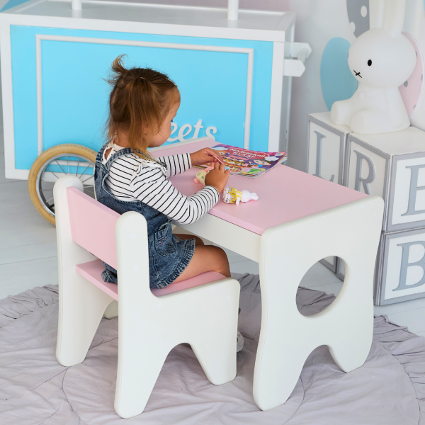 Столик та стільчик для дитини 70×45×51, дитячий гральний стіл та стілець, білий з рожевим