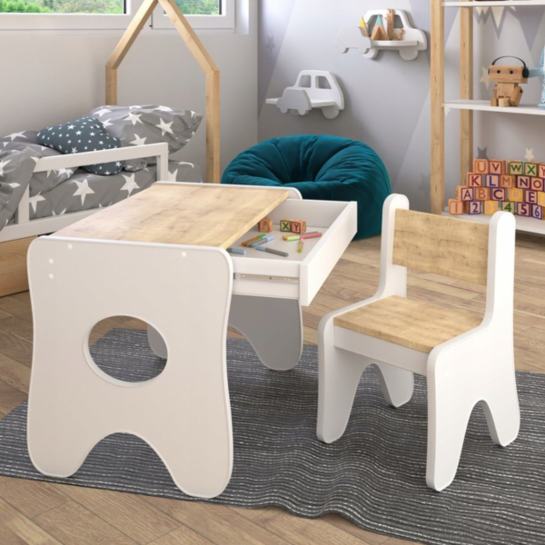 Набір дитячих меблів столик з ящиком та стільчик 70×45×51, стіл та стілець для дітей, білий з деревом