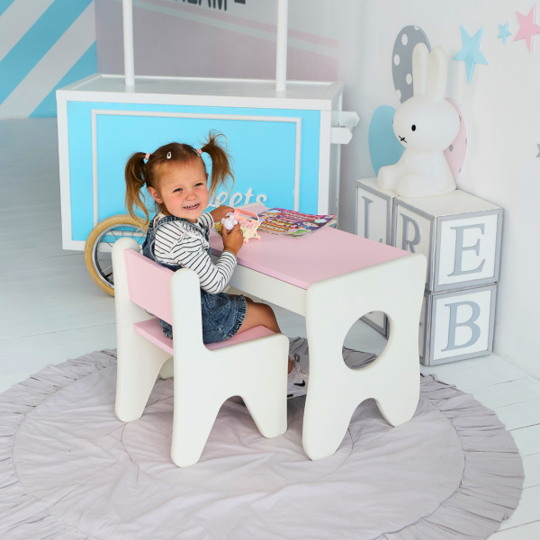 Набір дитячих меблів столик з ящиком та стільчик 70×45×51, стіл та стілець для дітей, білий з рожевим