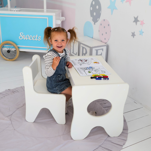 Набір дитячих меблів столик з ящиком та стільчик 70×45×51, стіл та стілець для дітей, білий