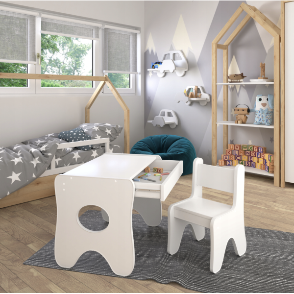 Зручний столик у дитячу кімнату 70×45×51, дитячий ігральний стіл із ящиком, білий