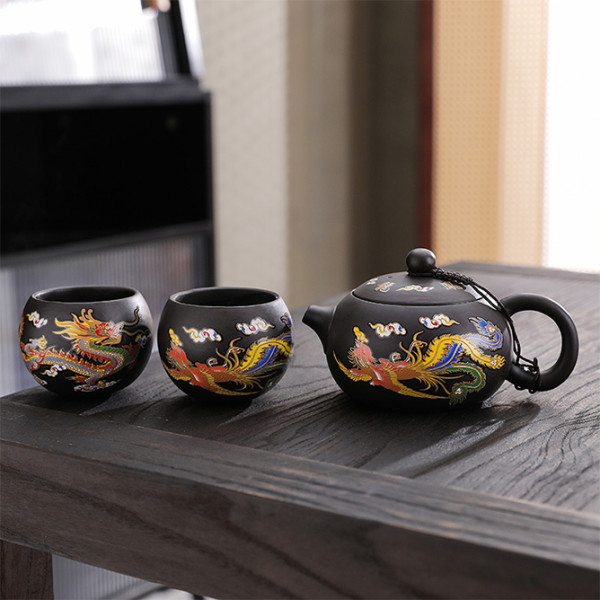 Дорожный чайный набор 20240527 Dragon and Phoenix заварник 220 ml + 4 пиалы с чехлом