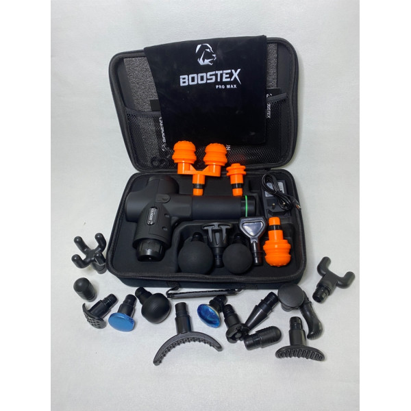 Новинка 2024 року. Ударний масажер Boostex PRO MAX з 30 швидкостями, 21 насадкою та батареєю 2500 mAh в комплекті (чорний)