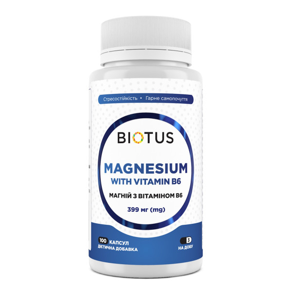 Магній з вітаміном В6, Magnesium with Vitamin B6, Biotus, 399 мг, 100 капсул