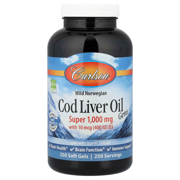 Риб'ячий жир з печінки тріски, Cod Liver Oil, Carlson, норвезька, 250 гелевих капсул