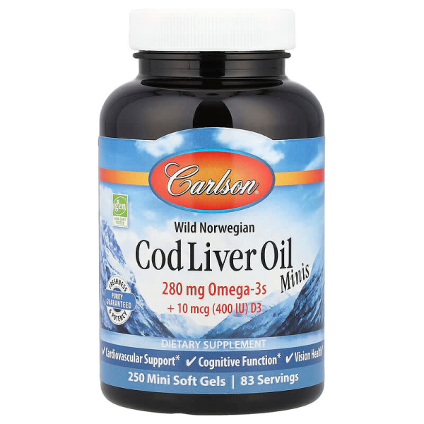 Риб'ячий жир, Cod Liver Oil, Carlson, норвезький, 250 міні гелевих капсул