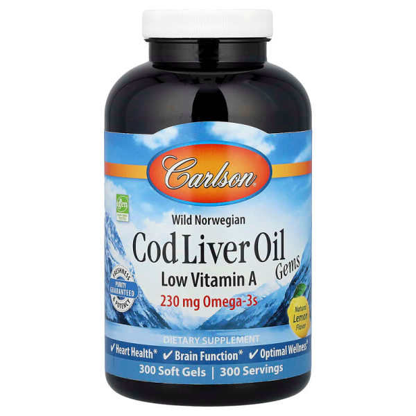 Риб'ячий жир з печінки тріски, Cod Liver Oil Gems, Carlson, лимон, з низьким вмістом вітаміну А, 300 гелевих капсул