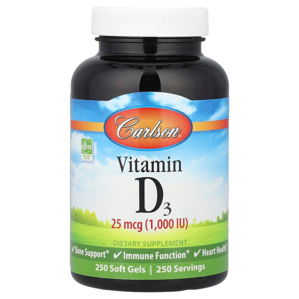 Вітамін D3, Vitamin D3, Carlson, 1000 МО (25 мкг), 250 гелевих капсул