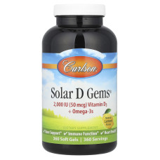 Вітамін D3+ Омега-3, Solar D Gems, Carlson, смак лимона, 360 гелевих капсул