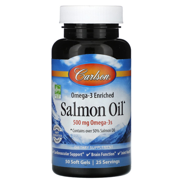 Олія лосося, Омега-3, Omega-3 Enriched Salmon Oil, Carlson, норвезька, 250 мг, 50 гелевих капсул