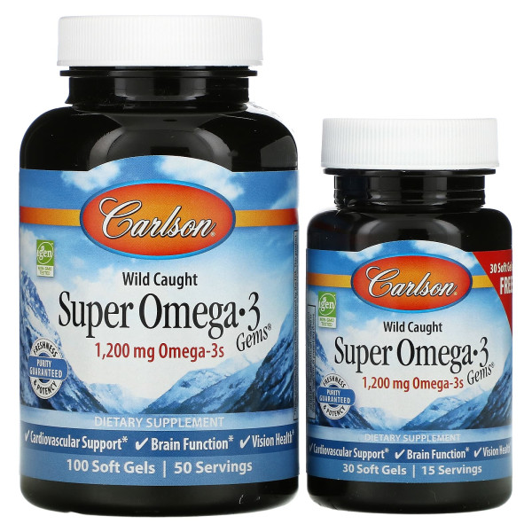 Риб'ячий жир, Super Omega 3, Carlson, з дикої природи, 100+30 гелевих капсул