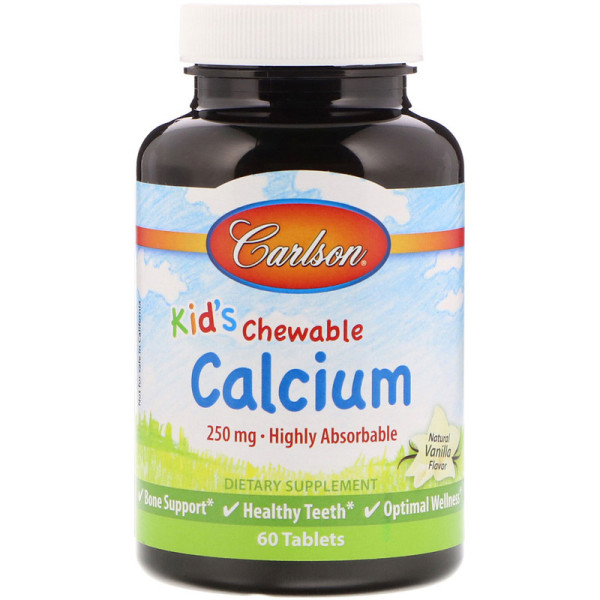 Кальцій для дітей, Chewable Calcium, Carlson, ваніль, 250 мг, 60 жувальних таблеток