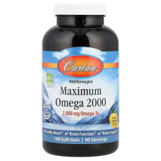 Омега, Maximum Omega, Carlson, Wild Norwegian, натуральний лимон, 2000 мг, 180 гелевих капсул (1000 мг на 1 капсулу)