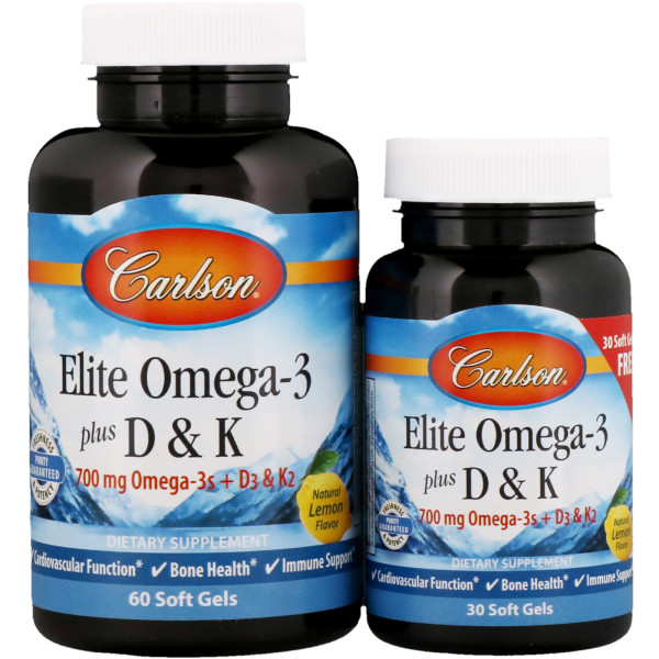 Омега 3 + вітамін D3 і вітамін К, Omega-3 Plus D & K, Carlson, 60 + 30 гелевих капсул