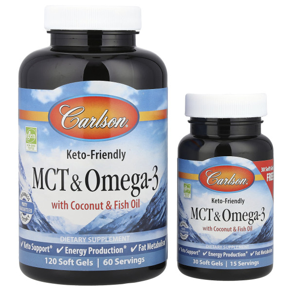 МСТ і Омега-3, MCT & Omega-3, Carlson, 120 гелевих капсул + 30 капсул безкоштовно