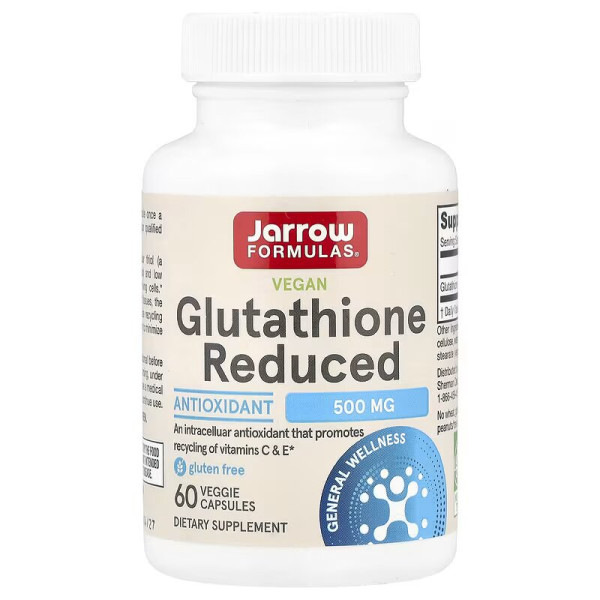 Глутатіон, Glutathione Reduced, Jarrow Formulas, зі зниженим вмістом, 500 мг, 60 веганських капсул