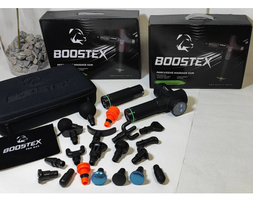 Модель 2024р. Ударний перкусійний масажер Boostex (Massage Gun) 30 режимів, 20 насадок, запасна батарея 2500am/h, кейс