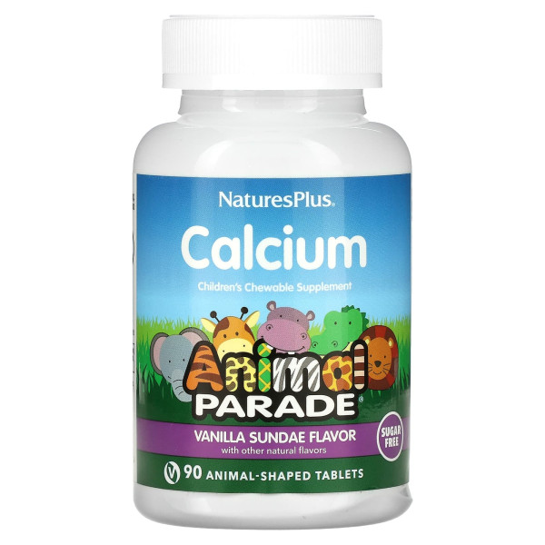 Кальцій для дітей, Calcium Children's Chewable, Nature's Plus, Animal Parade, ваніль, без цукру, 90 жувальних таблеток у формі тварин