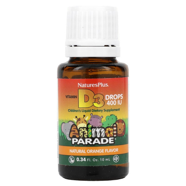 Вітамін D3 у краплях, Vitamin D3 Drops, Nature's Plus, Animal Parade, апельсиновий смак, 400 МО, 10 мл