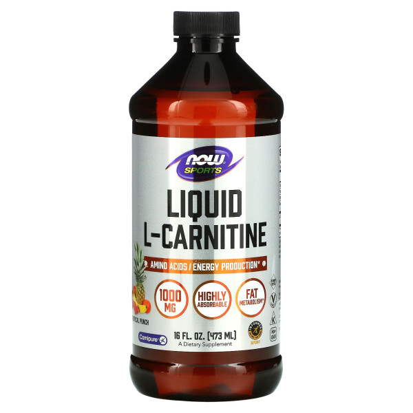 L-карнітин, L-Carnitine, Now Foods, Sports, рідкий, тропічний пунш, 1000 мг, 473 мл