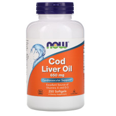 Риб'ячий жир з печінки тріски, Cod Liver Oil, Now Foods, 650 мг, 250 гелевих капсул
