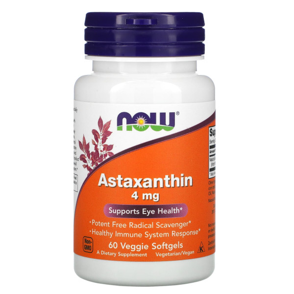 Астаксантин, Astaxanthin, NOW Foods, 4 мг, 60 вегетаріанських гелевих капсул