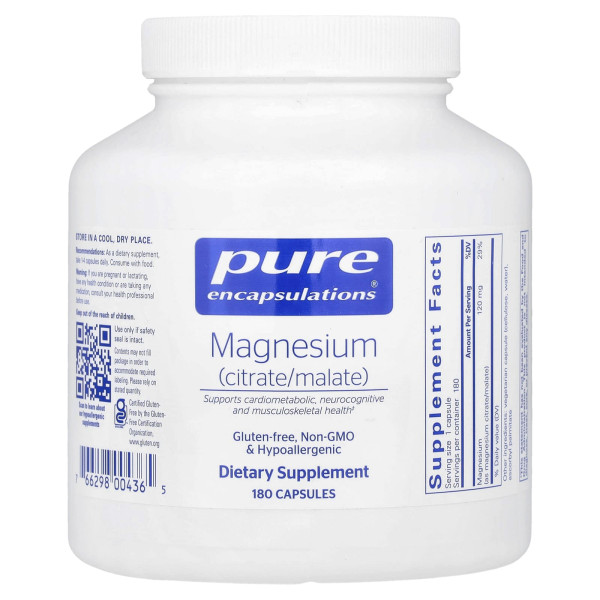 Магній цитрат/малат, Magnesium (citrate/malate), Pure Encapsulations, для підтримки засвоєння поживних речовин, кісток та здоров'я серця, 180 капсул