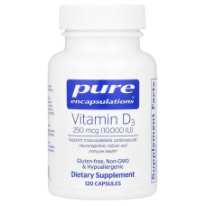 Вітамін D3, Vitamin D3, Pure Encapsulations, для підтримки здоров'я кісток, суглобів, грудей, простати, серця, товстої кишки та імунітету, 250 мкг (10 000 МО), 120 капсул