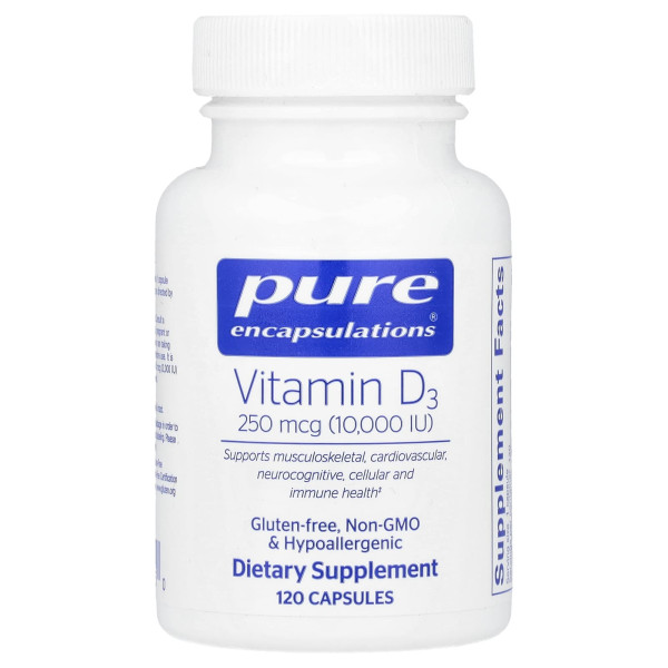 Вітамін D3, Vitamin D3, Pure Encapsulations, для підтримки здоров'я кісток, суглобів, грудей, простати, серця, товстої кишки та імунітету, 250 мкг (10 000 МО), 120 капсул