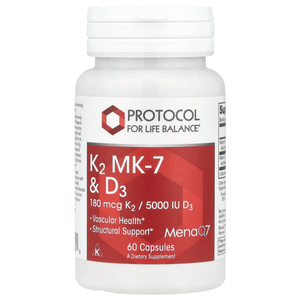 Вітаміни K2 (MK-7) та D3, K2 MK-7 & D3, Protocol for Life Balance, 60 капсул